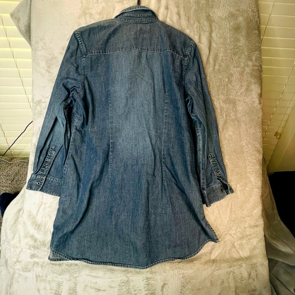 Denim Tunic Shirt Dress Blue Long Sleeve Button Up Pintuck Pleat Cotton 35" L - Picture 10 of 11